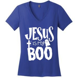 Jesus Is My Boo Funny Christian Halloween Quote Humor Gift Women's V-Neck T-Shirt