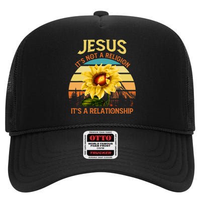 Jesus It's not a Religion It's a Relationship Sunflower Art High Crown Mesh Back Trucker Hat