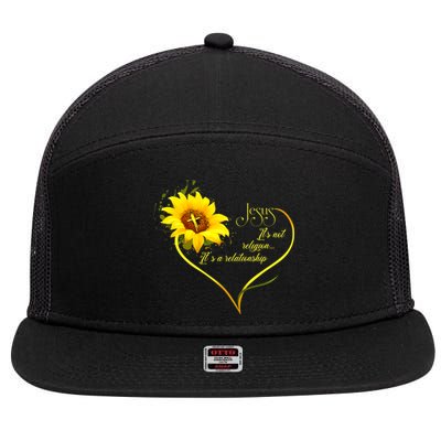 Jesus Its Not A Religion Its A Relationship Sunflower Art Short Sleeve 7 Panel Mesh Trucker Snapback Hat