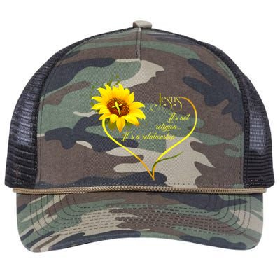 Jesus Its Not A Religion Its A Relationship Sunflower Art Short Sleeve Retro Rope Trucker Hat Cap