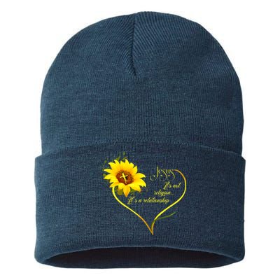 Jesus Its Not A Religion Its A Relationship Sunflower Art Short Sleeve Sustainable Knit Beanie