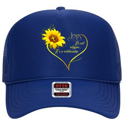 Jesus Its Not A Religion Its A Relationship Sunflower Art Short Sleeve High Crown Mesh Back Trucker Hat