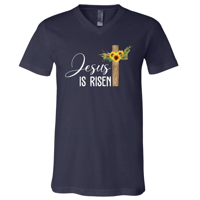 Jesus Is Risen Sunflower Cross Easter V-Neck T-Shirt