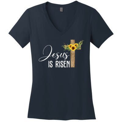 Jesus Is Risen Sunflower Cross Easter Women's V-Neck T-Shirt