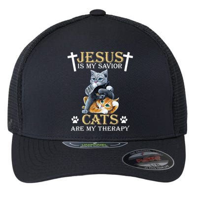 Jesus Is Savior Cats Are My Therapy Christian Cat Flexfit Unipanel Trucker Cap