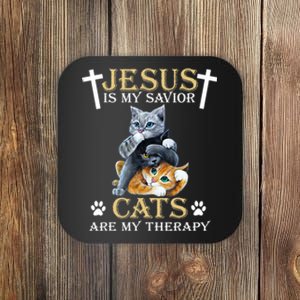 Jesus Is Savior Cats Are My Therapy Christian Cat Coaster