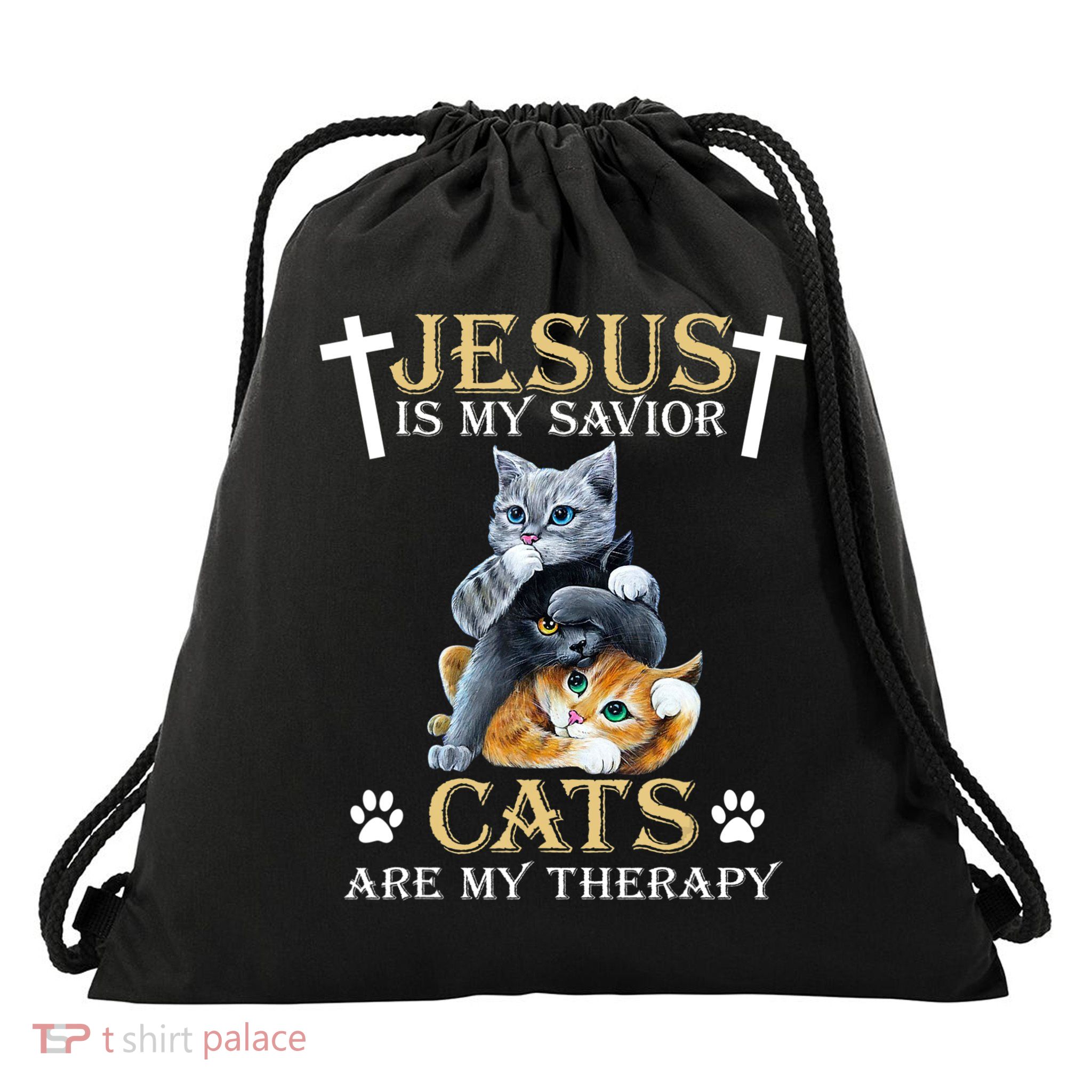 Jesus Is Savior Cats Are My Therapy Christian Cat Drawstring Bag