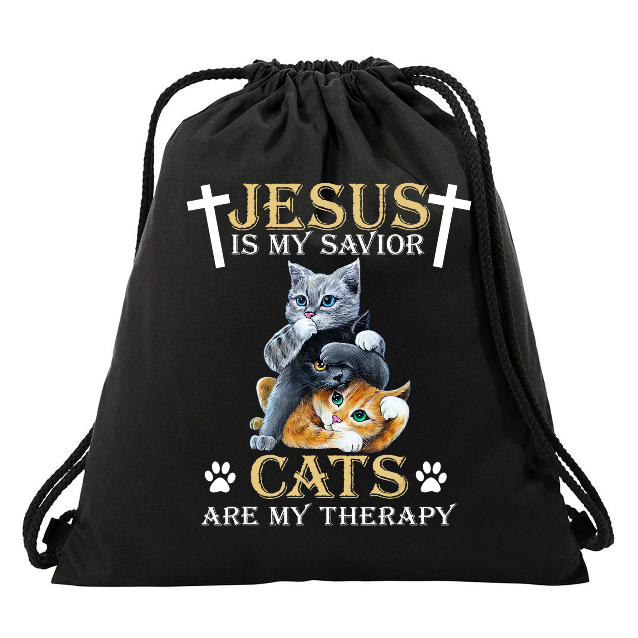Jesus Is Savior Cats Are My Therapy Christian Cat Drawstring Bag