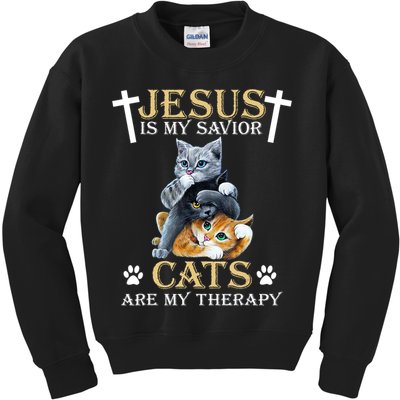 Jesus Is Savior Cats Are My Therapy Christian Cat Kids Sweatshirt