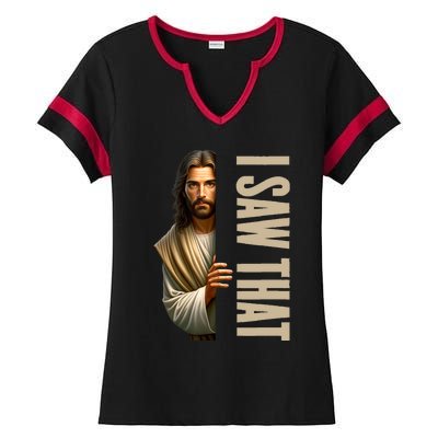 Jesus I Saw That Funny Ladies Halftime Notch Neck Tee