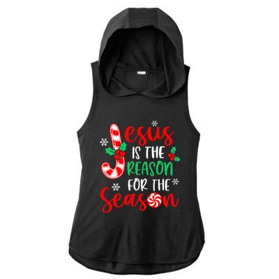 Jesus Is The Reason For The Season Christmas Xmas Candy Cane  Ladies PosiCharge Tri-Blend Wicking Draft Hoodie Tank