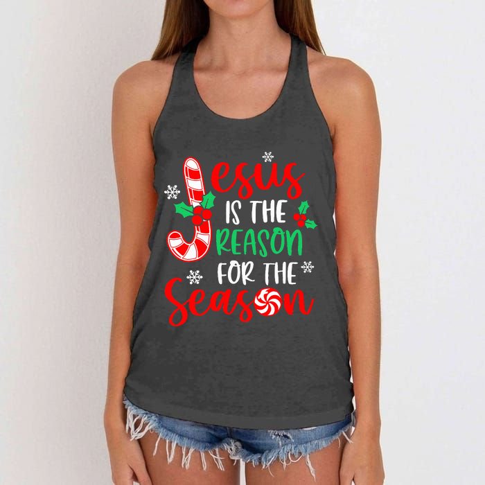 Jesus Is The Reason For The Season Christmas Xmas Candy Cane  Women's Knotted Racerback Tank