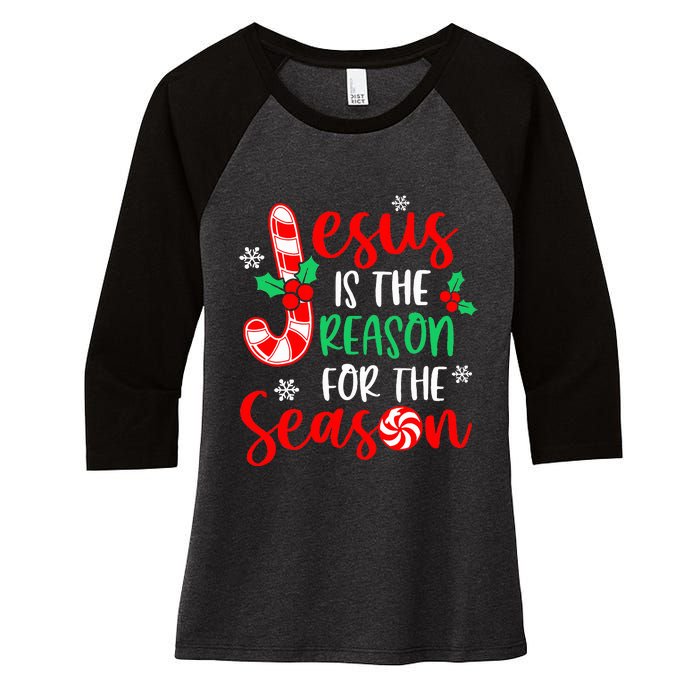 Jesus Is The Reason For The Season Christmas Xmas Candy Cane  Women's Tri-Blend 3/4-Sleeve Raglan Shirt