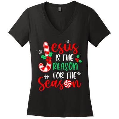 Jesus Is The Reason For The Season Christmas Xmas Candy Cane  Women's V-Neck T-Shirt