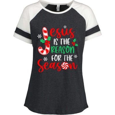 Jesus Is The Reason For The Season Christmas Xmas Candy Cane  Enza Ladies Jersey Colorblock Tee