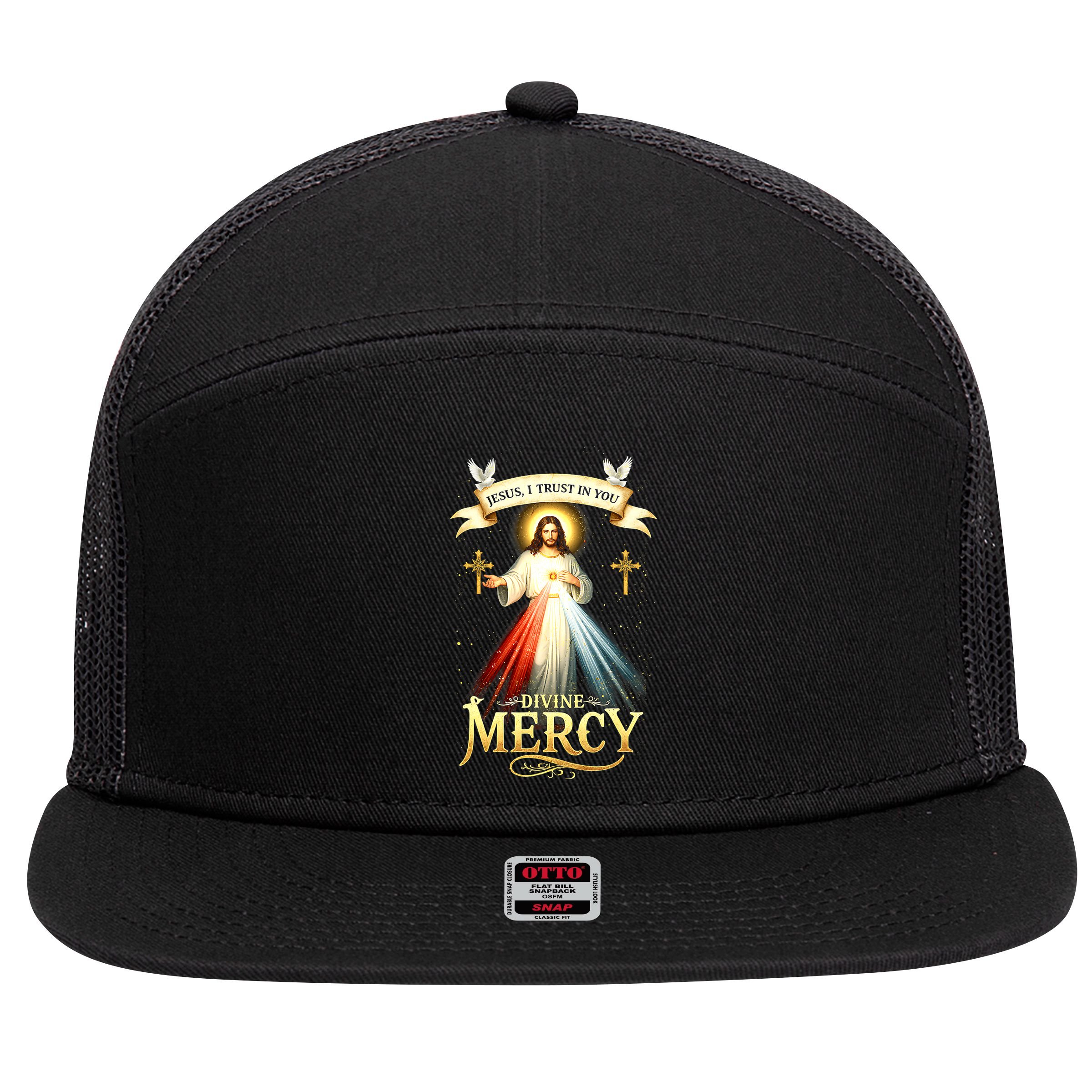 Jesus I Trust In You Divine Mercy Catholic Christian Jesus 7 Panel Mesh Trucker Snapback Hat