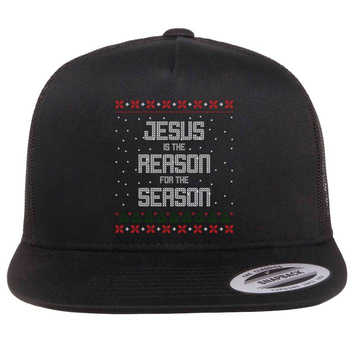 Jesus Is The Reason For The Season Ugly Christmas Sweater Flat Bill Trucker Hat