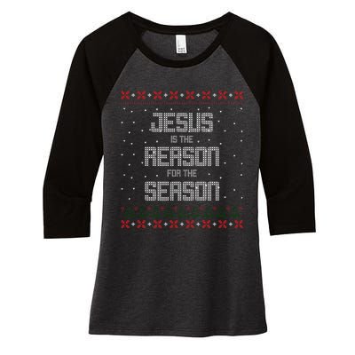 Jesus Is The Reason For The Season Ugly Christmas Sweater Women's Tri-Blend 3/4-Sleeve Raglan Shirt