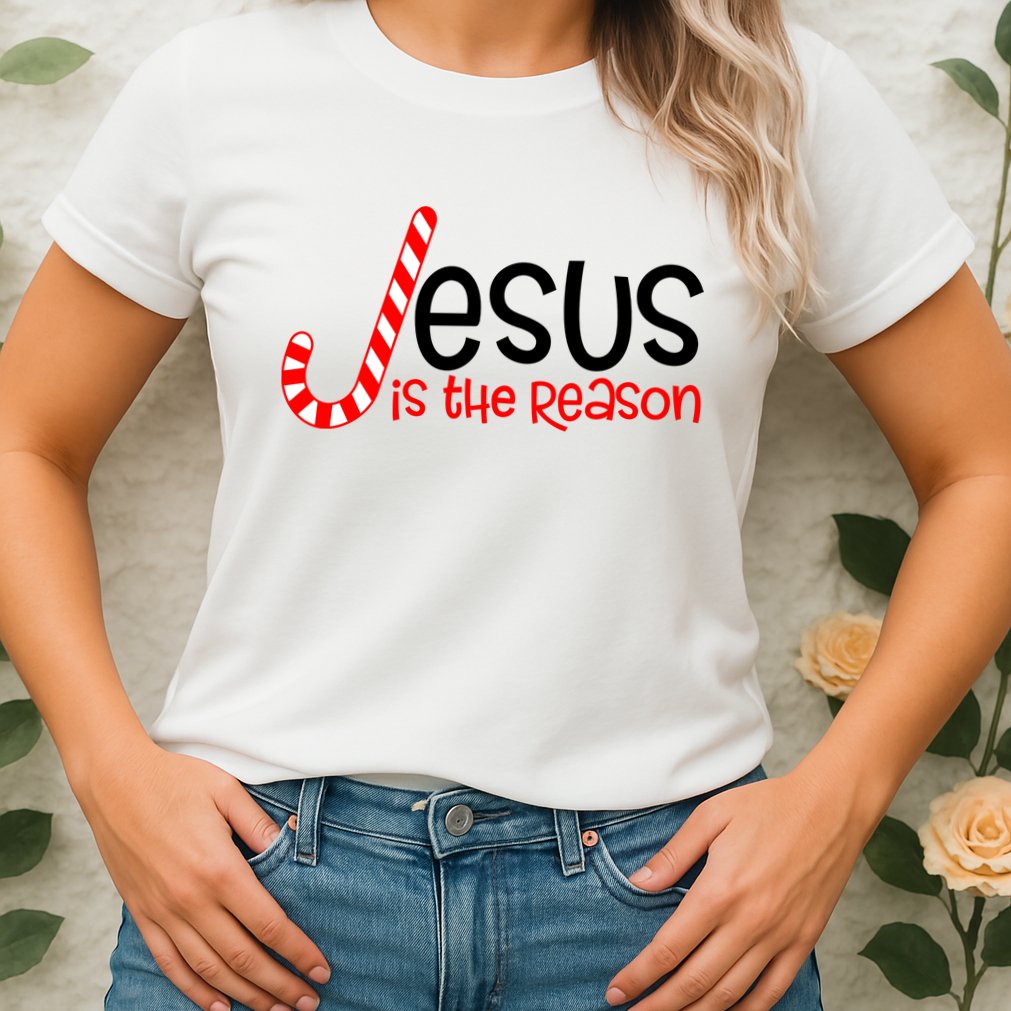 Jesus Is The Reason Candy Cane Christmas Womens T-Shirt