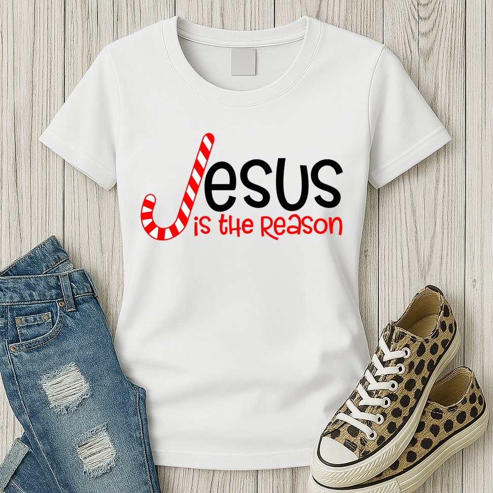 Jesus Is The Reason Candy Cane Christmas Womens T-Shirt