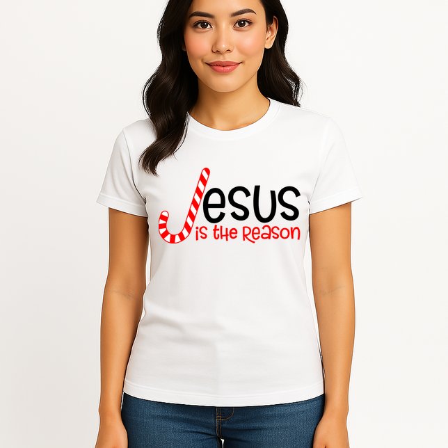 Jesus Is The Reason Candy Cane Christmas Womens T-Shirt