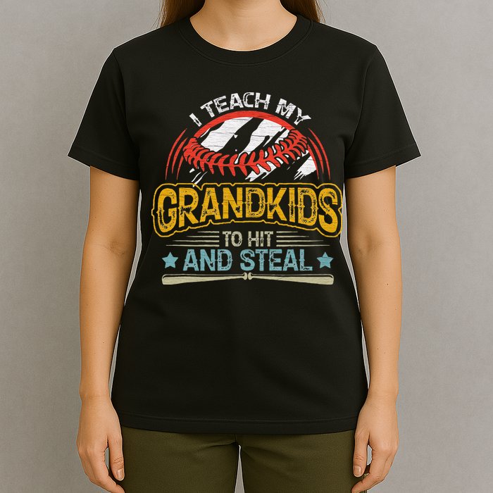 J5R0 I Teach My Grandkids Hit And Steal Retro Baseball Lover T-Shirt