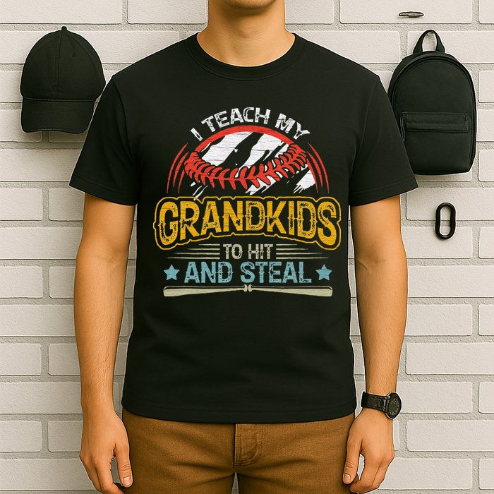 J5R0 I Teach My Grandkids Hit And Steal Retro Baseball Lover T-Shirt