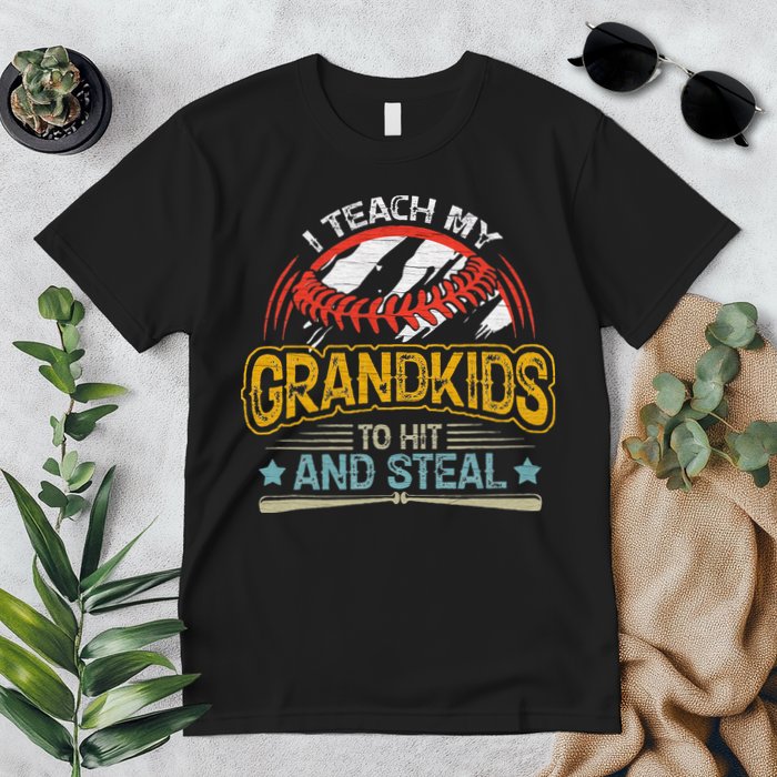 J5R0 I Teach My Grandkids Hit And Steal Retro Baseball Lover Premium T-Shirt