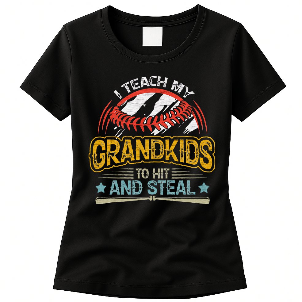 J5R0 I Teach My Grandkids Hit And Steal Retro Baseball Lover Womens T-Shirt