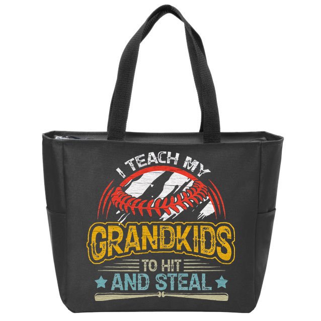 J5R0 I Teach My Grandkids Hit And Steal Retro Baseball Lover Zip Tote Bag