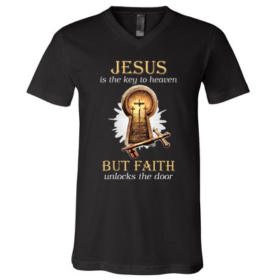 Jesus Is The Key To Heaven But Faith Unlocks Door Christian V-Neck T-Shirt