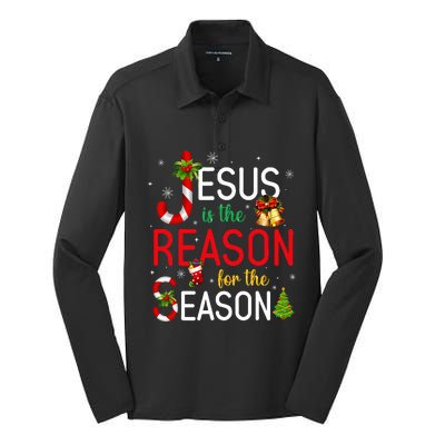 Jesus Is The Reason For The Season Xmas Christmas Candy Cane  Silk Touch Performance Long Sleeve Polo