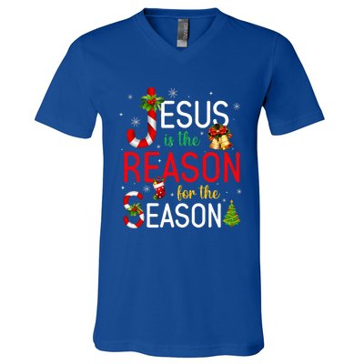 Jesus Is The Reason For The Season Xmas Christmas Candy Cane  V-Neck T-Shirt