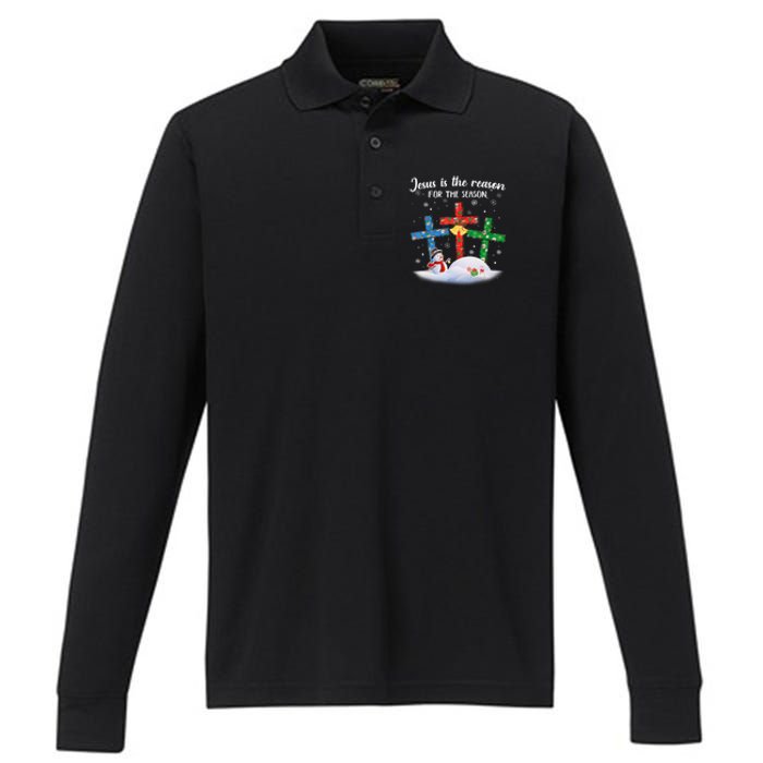 Jesus Is The Reason For The Season Funny Christmas PJs Gifts Performance Long Sleeve Polo