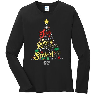 Jesus Is The Reason For The Season Christian Christmas Tree Ladies Long Sleeve Shirt