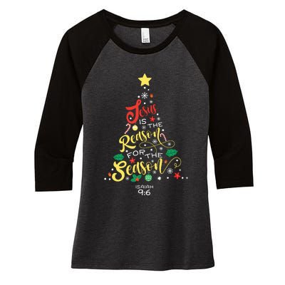 Jesus Is The Reason For The Season Christian Christmas Tree Women's Tri-Blend 3/4-Sleeve Raglan Shirt