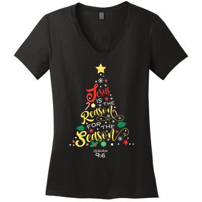 Jesus Is The Reason For The Season Christian Christmas Tree Women's V-Neck T-Shirt