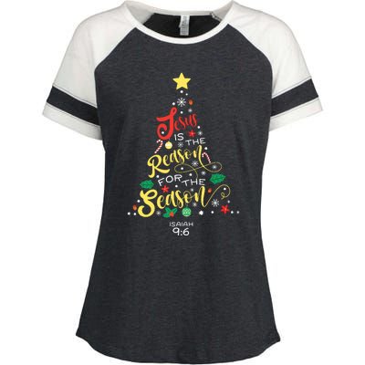 Jesus Is The Reason For The Season Christian Christmas Tree Enza Ladies Jersey Colorblock Tee