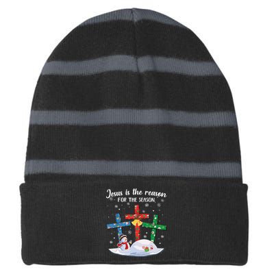 Jesus Is The Reason For The Season Christian Christmas Xmas Striped Beanie with Solid Band