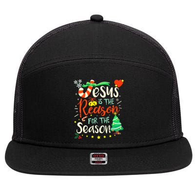 Jesus Is The Reason For The Season Ugly Christmas Sweater Great Gift 7 Panel Mesh Trucker Snapback Hat