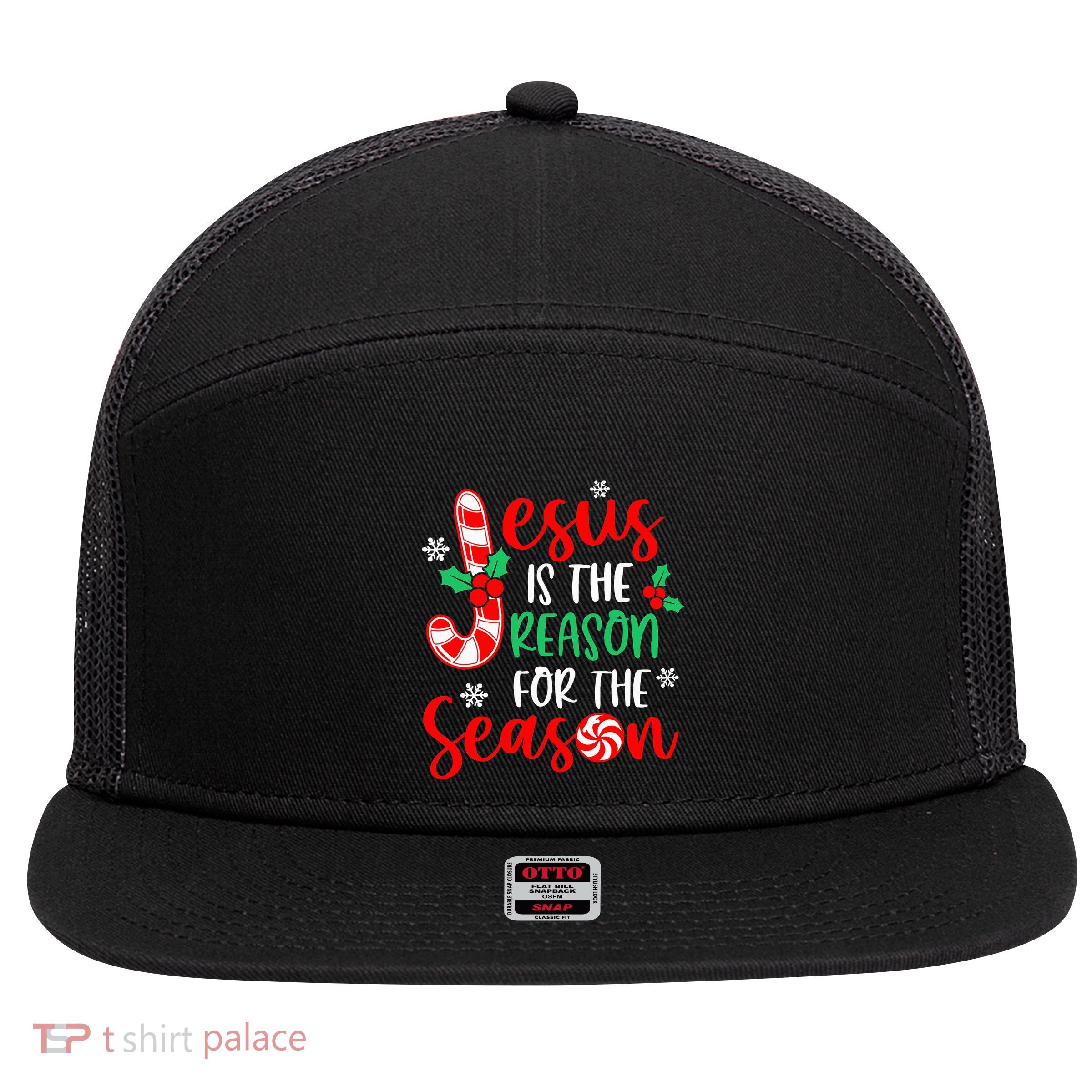 Jesus Is The Reason For The Season Xmas Candy Cane  7 Panel Mesh Trucker Snapback Hat
