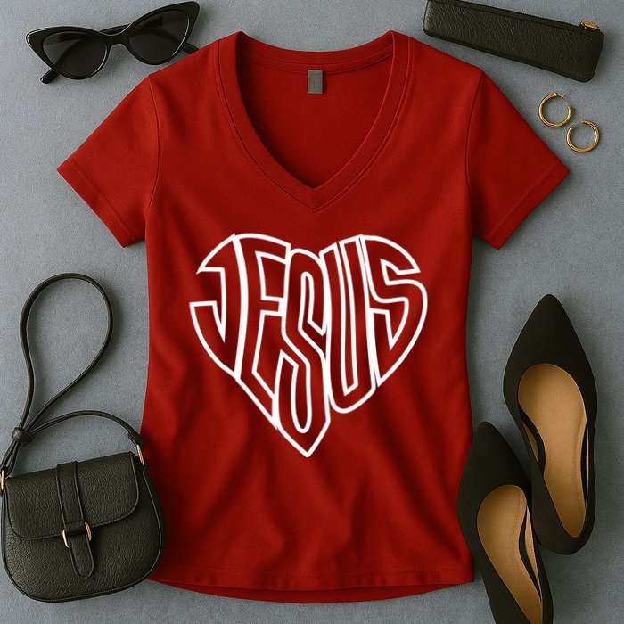 JESUS In The Shape Of A Heart Women's V-Neck T-Shirt