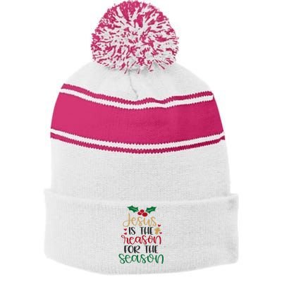 Jesus Is The Reason For The Season Christmas Stripe Pom Pom Beanie