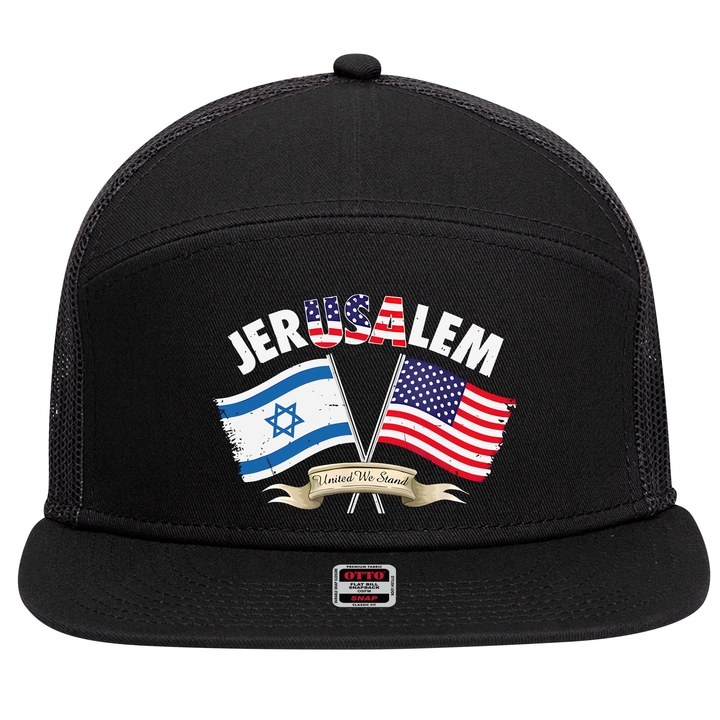 Jerusalem Israel Usa American Flag 7 Panel Mesh Trucker Snapback Hat