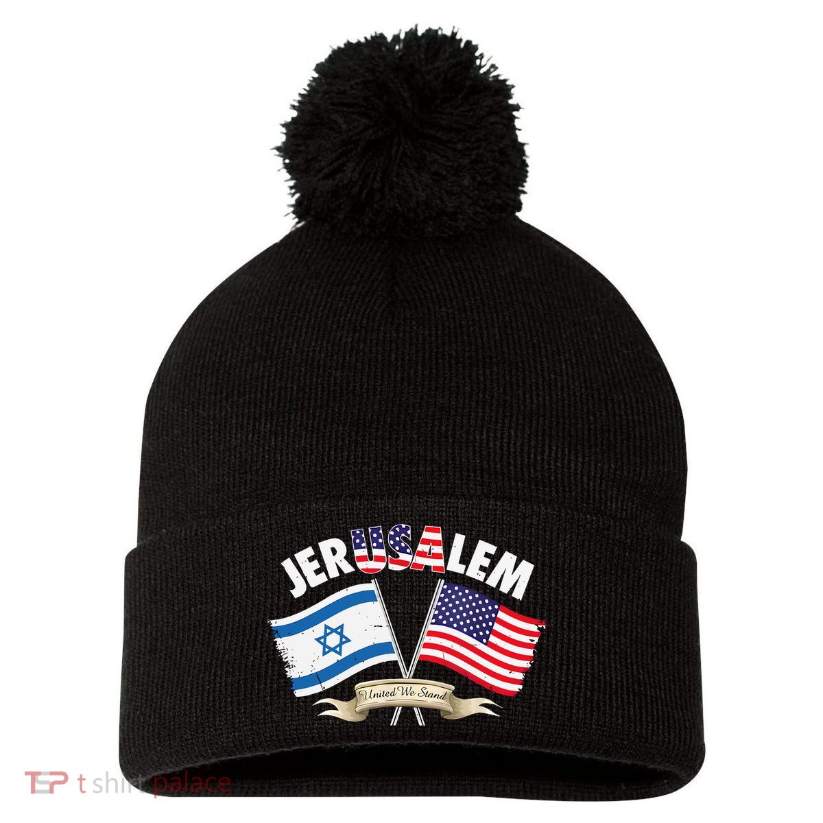 Jerusalem Israel Usa American Flag Pom Pom 12in Knit Beanie