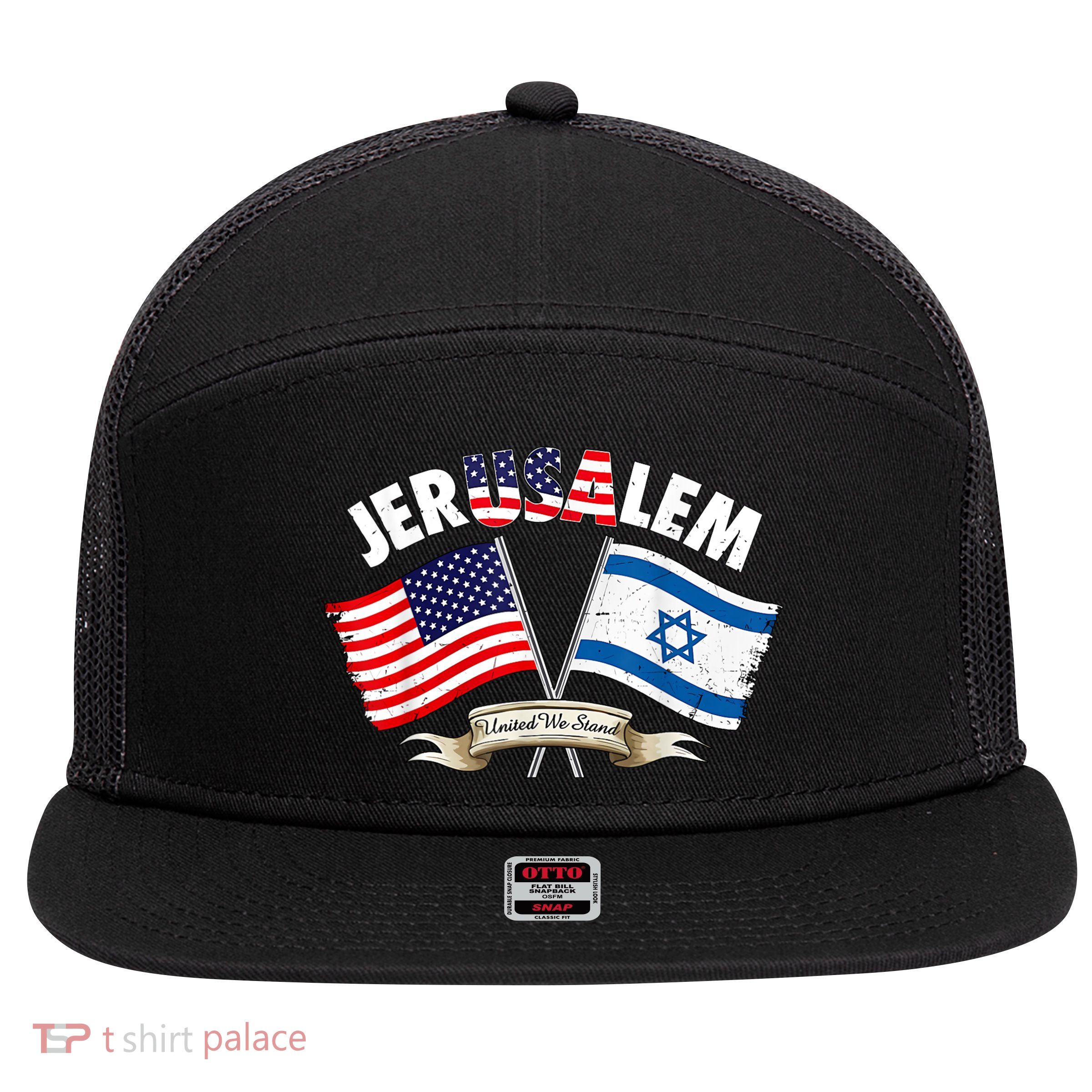 Jerusalem Israel Usa American Flag 7 Panel Mesh Trucker Snapback Hat