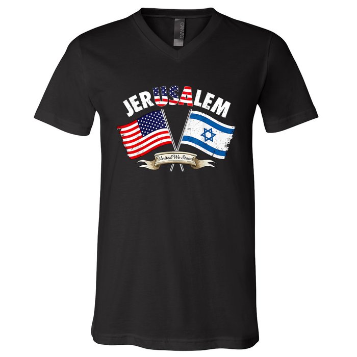 Jerusalem Israel Usa American Flag V-Neck T-Shirt