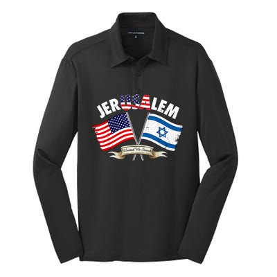 Jerusalem Israel Usa American Flag Silk Touch Performance Long Sleeve Polo