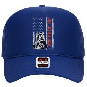 Jiu Jitsu Dad American Flag Fathers Day 4th Of July Gift High Crown Mesh Back Trucker Hat