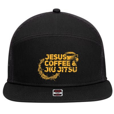 Jesus Jiu Jitsu & Coffee For Christian Martial Arts Fan 7 Panel Mesh Trucker Snapback Hat